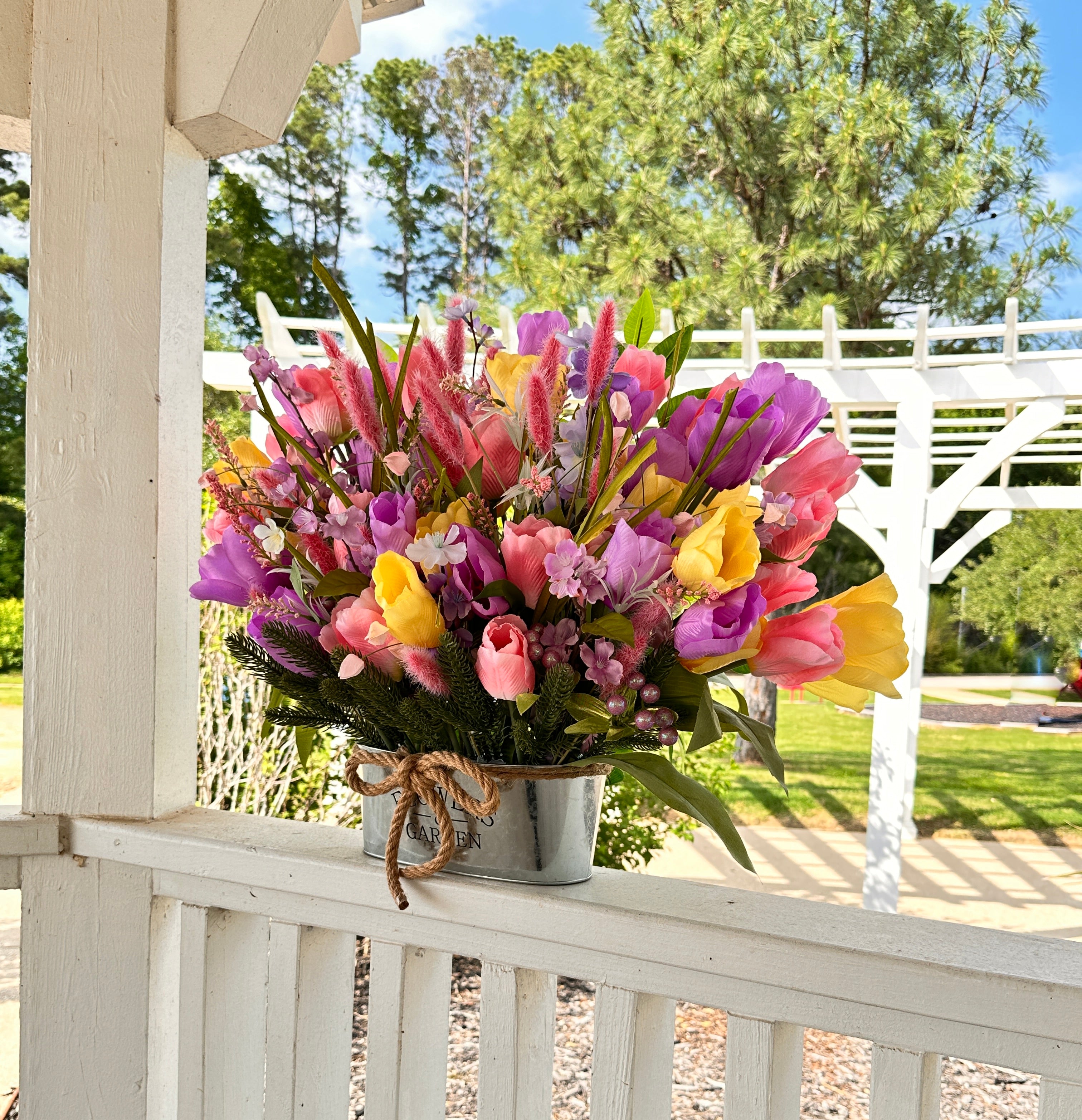 Large Pink Tulips Basket, Farmhouse Flower basket, Mother's Day Gift, Valentine's Gift, Spring Basket, Summer Tulips Basket, Pastel Colors