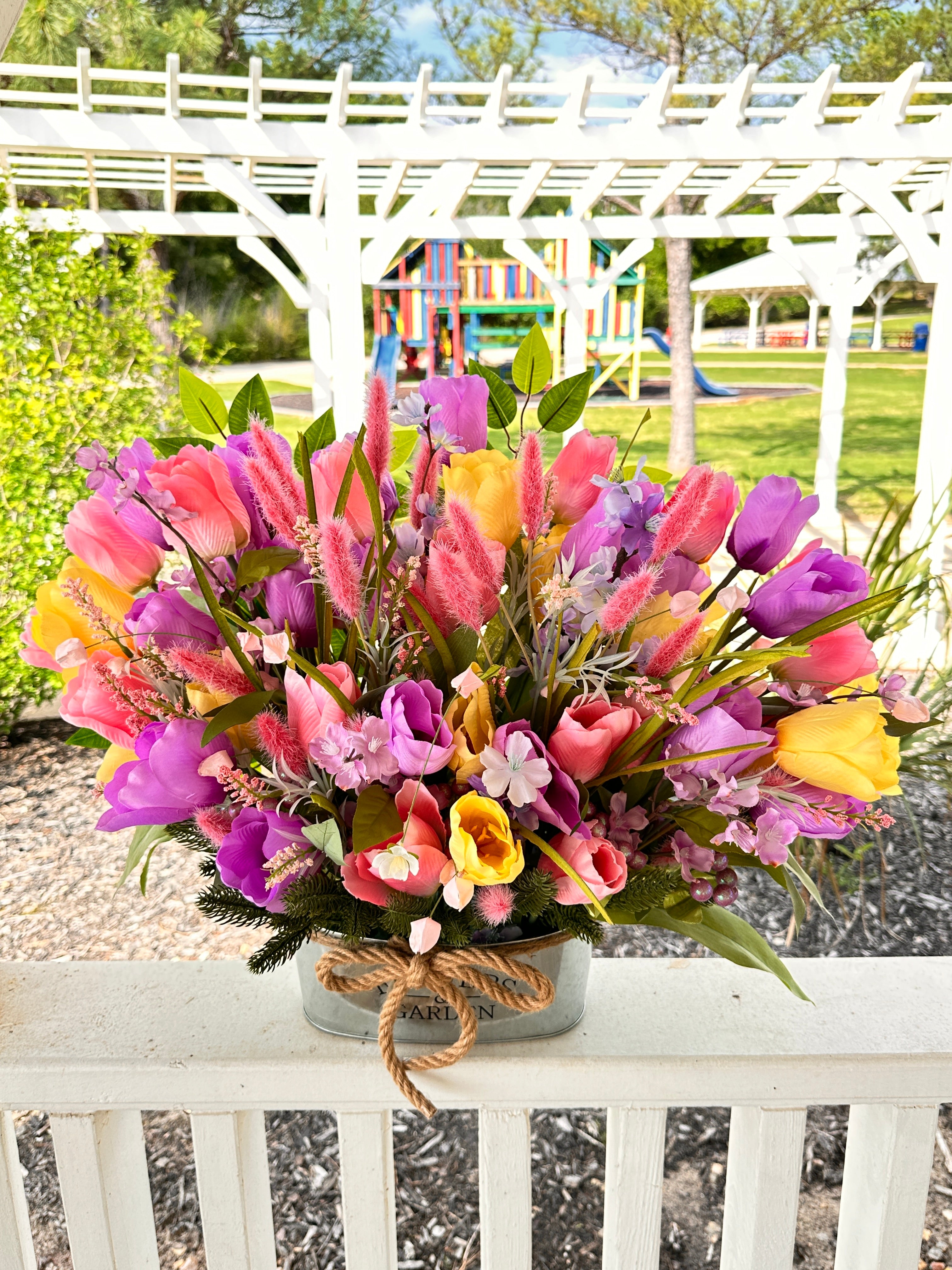 Large Pink Tulips Basket, Farmhouse Flower basket, Mother's Day Gift, Valentine's Gift, Spring Basket, Summer Tulips Basket, Pastel Colors