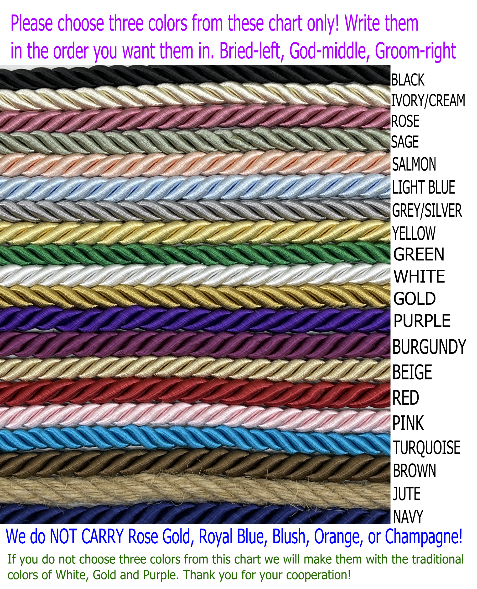 Unity Braids® A Cord Of Three Strands Choose your Colors! Unity Knot, Unity Wedding Braid, Wedding Cords, Wedding Braids
