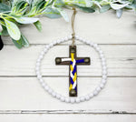 Wall-hanging Boho Loop with Cross, White Wood Beads, Wood Farmhouse Beads, Wooden Tiered, Spring Tray Decor, Rustic Prayer Beads & Cross