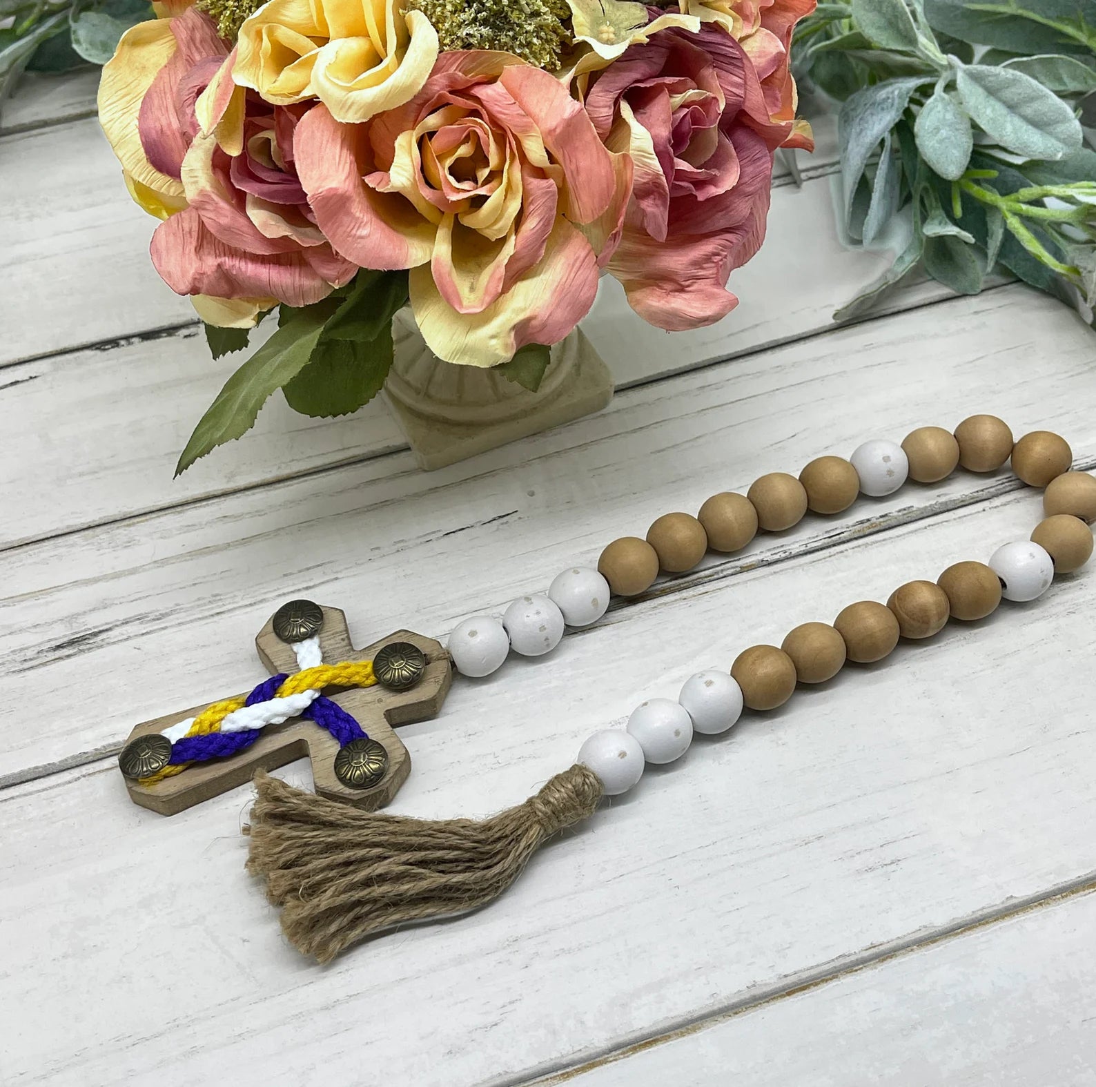 Natural Wood Bead, Wall-hanging Boho Garland with Cross, Farmhouse Beads, Wooden Tiered, Spring Tray Decor, Rustic Prayer Beads & Tassel