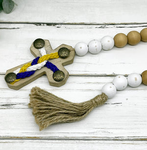 Natural Wood Bead, Wall-hanging Boho Garland with Cross, Farmhouse Beads, Wooden Tiered, Spring Tray Decor, Rustic Prayer Beads & Tassel