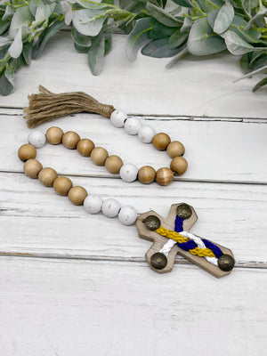 Natural Wood Bead, Wall-hanging Boho Garland with Cross, Farmhouse Beads, Wooden Tiered, Spring Tray Decor, Rustic Prayer Beads & Tassel