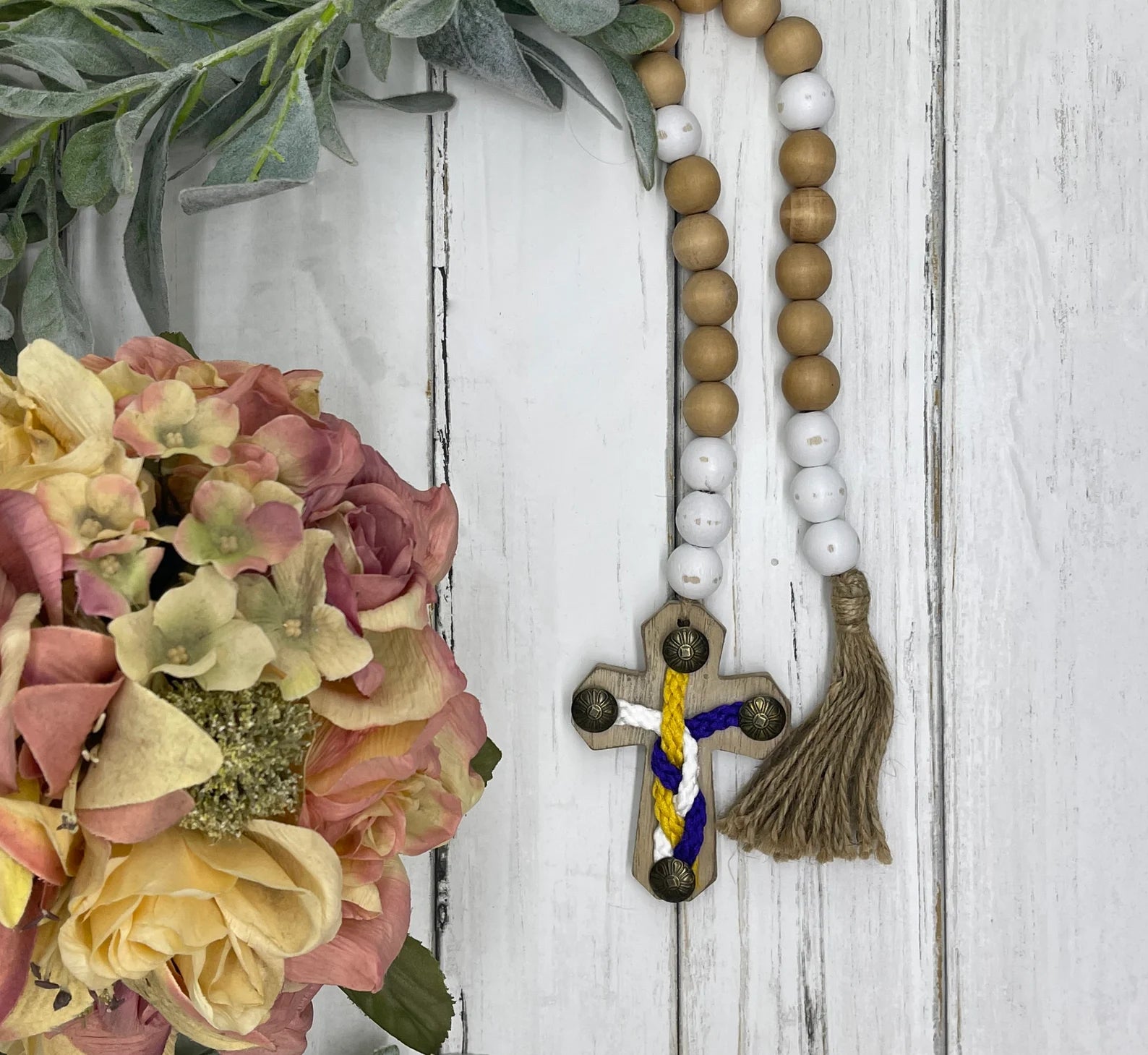 Natural Wood Bead, Wall-hanging Boho Garland with Cross, Farmhouse Beads, Wooden Tiered, Spring Tray Decor, Rustic Prayer Beads & Tassel