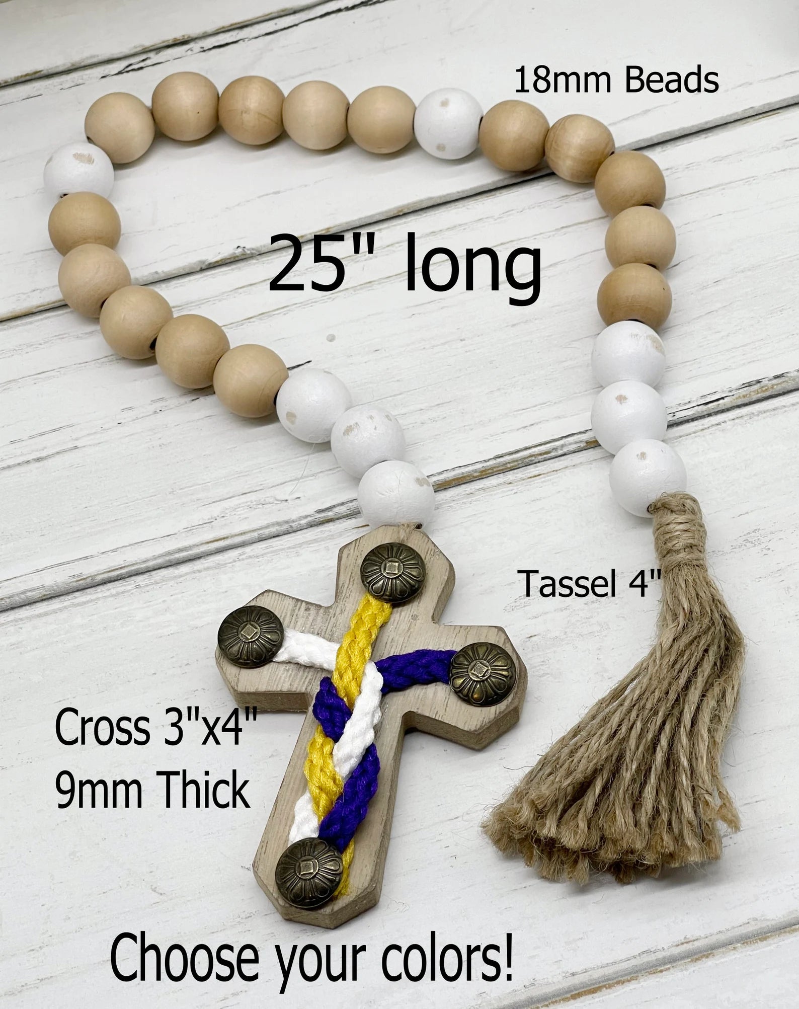 Natural Wood Bead, Wall-hanging Boho Garland with Cross, Farmhouse Beads, Wooden Tiered, Spring Tray Decor, Rustic Prayer Beads & Tassel