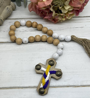 Natural Wood Bead, Wall-hanging Boho Garland with Cross, Farmhouse Beads, Wooden Tiered, Spring Tray Decor, Rustic Prayer Beads & Tassel