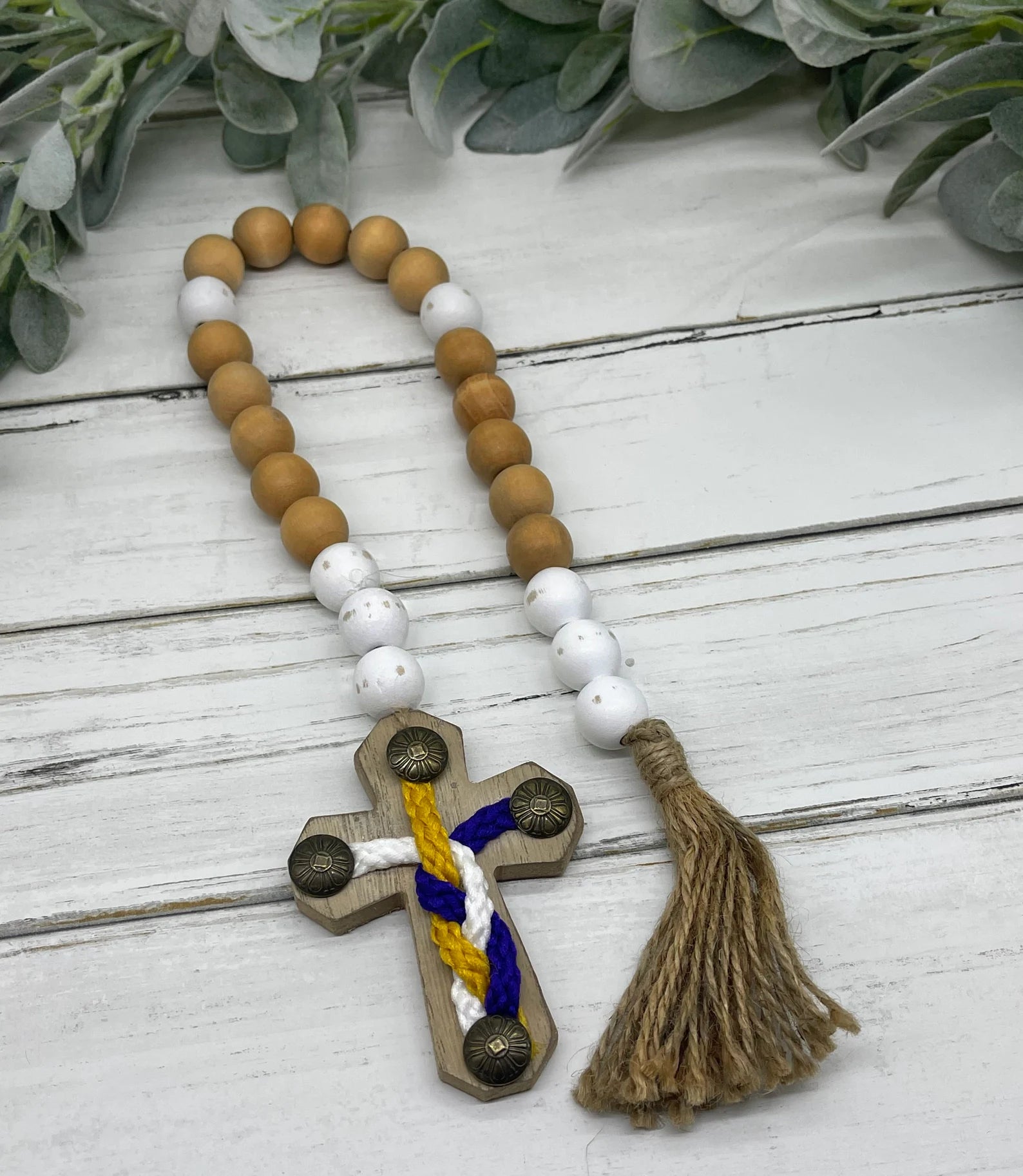 Natural Wood Bead, Wall-hanging Boho Garland with Cross, Farmhouse Beads, Wooden Tiered, Spring Tray Decor, Rustic Prayer Beads & Tassel