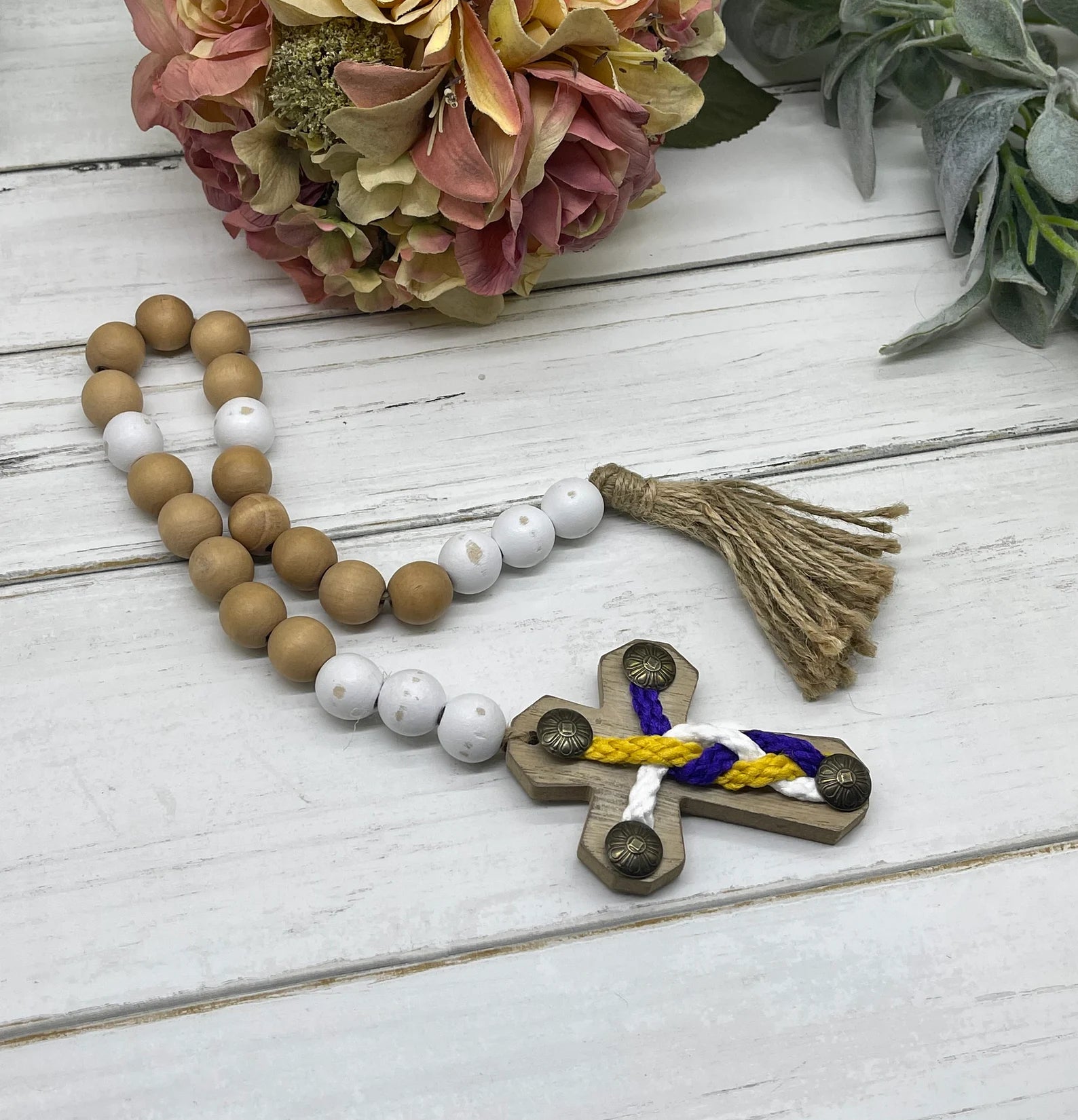 Natural Wood Bead, Wall-hanging Boho Garland with Cross, Farmhouse Beads, Wooden Tiered, Spring Tray Decor, Rustic Prayer Beads & Tassel