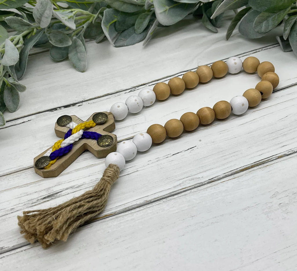 Natural Wood Bead, Wall-hanging Boho Garland with Cross, Farmhouse Beads, Wooden Tiered, Spring Tray Decor, Rustic Prayer Beads & Tassel