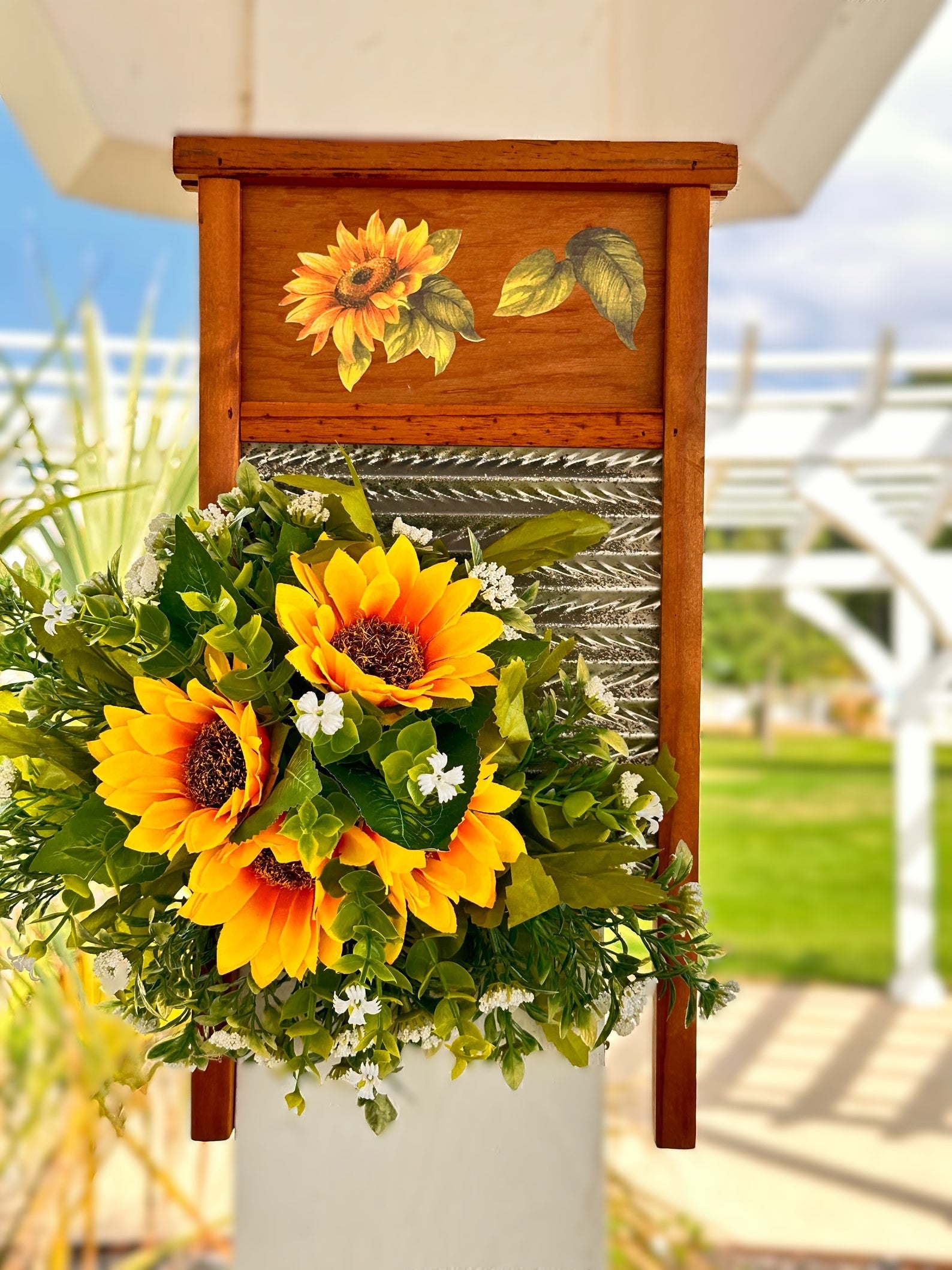 Laundry Room Decor, Primitive Farmhouse, Antique Look, Sunflowers Washboard, Entryway Wall, Sunflower Decor, Wall Hanging Rustic