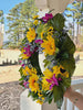Floral Spring Wreaths, Summer Front Door Wreath, Sunflower Swag, Wildflower Crafts, Wooden Rustic, Country Door Hanger, Wreath Ideas, Gifts