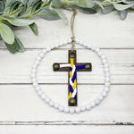 Wall-hanging Boho Loop with Cross, White Wood Beads, Wood Farmhouse Beads, Wooden Tiered, Spring Tray Decor, Rustic Prayer Beads & Cross