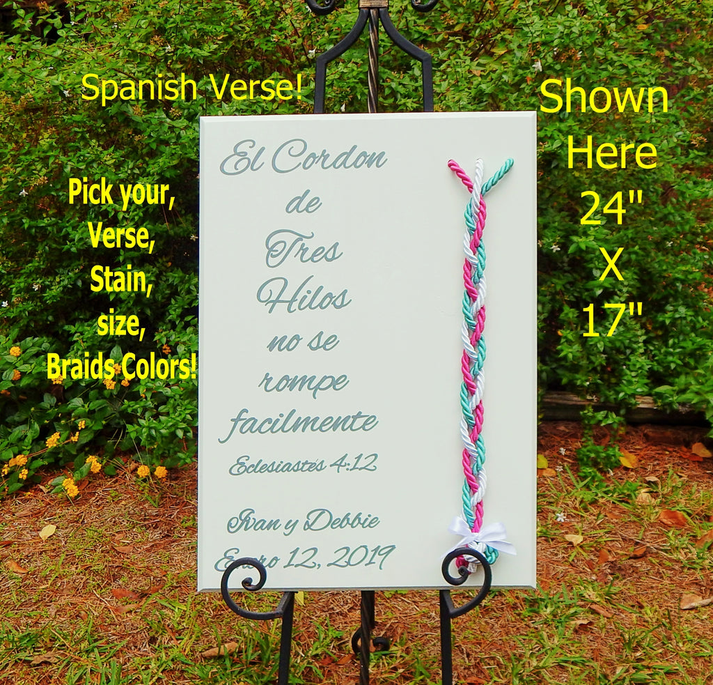 Spanish Wedding Signs Cuerdas De Tres Hilos, Cord of Three Strands, Unity Braids, Rustic Wood Board - Unity Braids