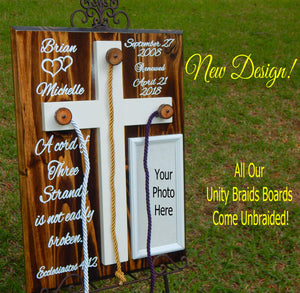 Wood Cross Board, Cross Photo Frame, Unity Braids®, Rustic Wedding Sign, Cord of Three Strands - Unity Braids