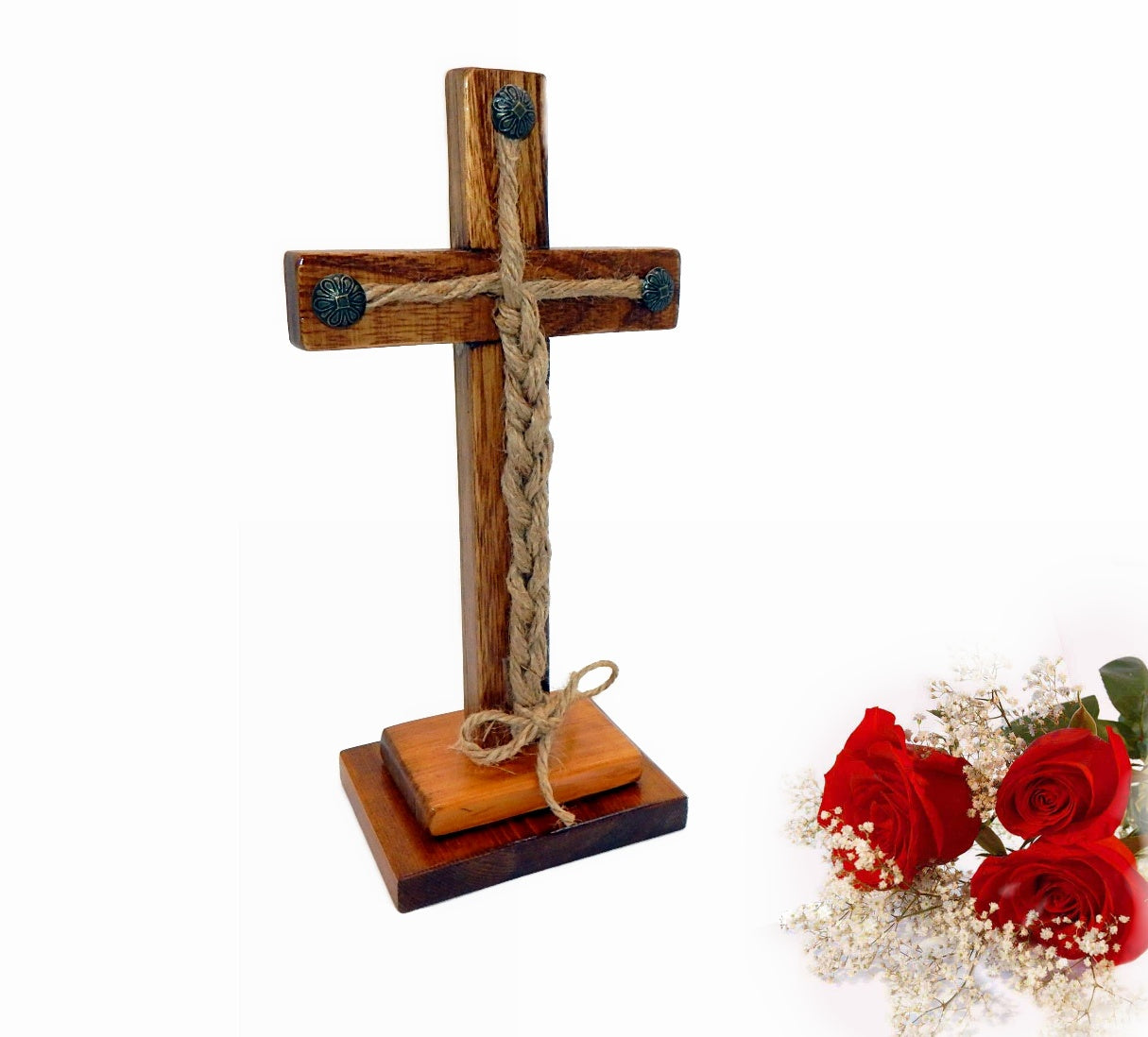 Wood Cross on Double Pedestal with Jute Rope 11x5" tall - Unity Braids