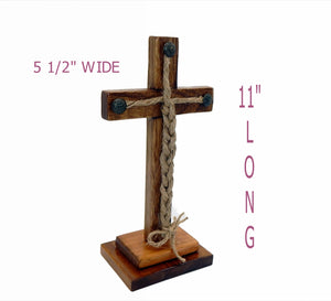 Wood Cross on Double Pedestal with Jute Rope 11x5" tall - Unity Braids